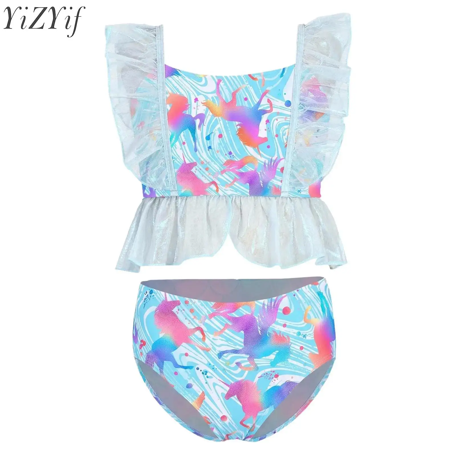 

Детские комплекты для плавания для девочек: топ-камизоль без рукавов с тюлевой отделкой и рюшами, плавки-бикини, купальник из 2-х частей для плавания