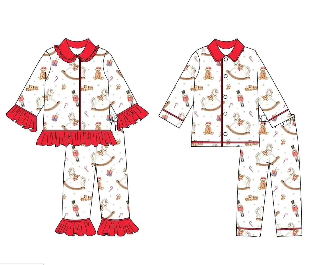 

Boutique children's suit Christmas lapel lace long sleeves train letter print trousers lace girls boys pajamas set 2-piece set