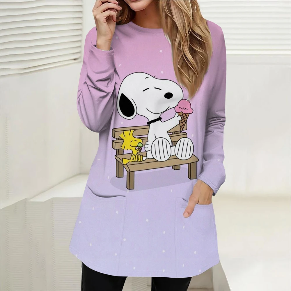 Women's Spring and Autumn Wear Women's Autumn Sports Shirt Long Sleeve Pocket T-shirt Snoopy Printed Casual Top y2k Clothes Wome