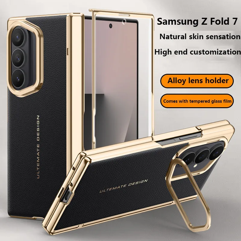 

Гальванический кожаный чехол для Samsung Galaxy Z Fold 7 Fold7 5G, противоударный защитный чехол со складной петлей и закаленным стеклом