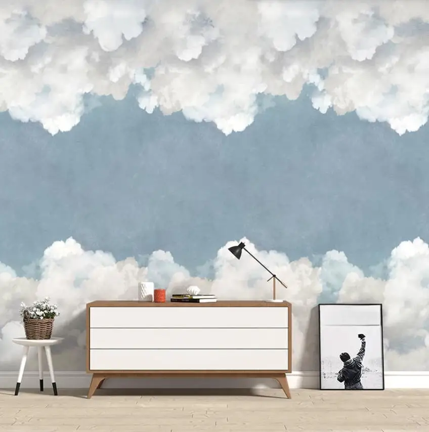 Customized mural with high-end Nordic blue sky white cloud wallpaper TV background wall Colorful clouds decoration wallpaper