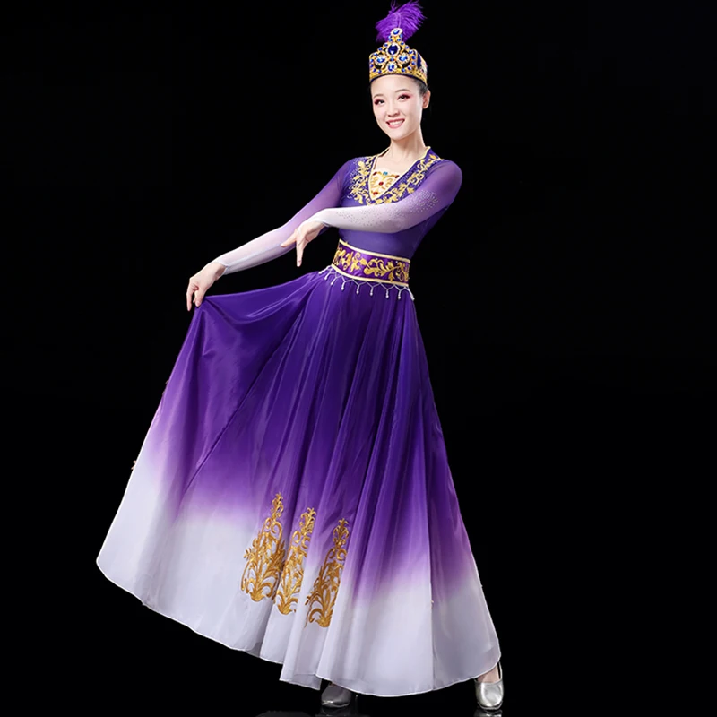 Xinjiang vestido feminino desempenho de dança, saia grande balanço, roupas uigures