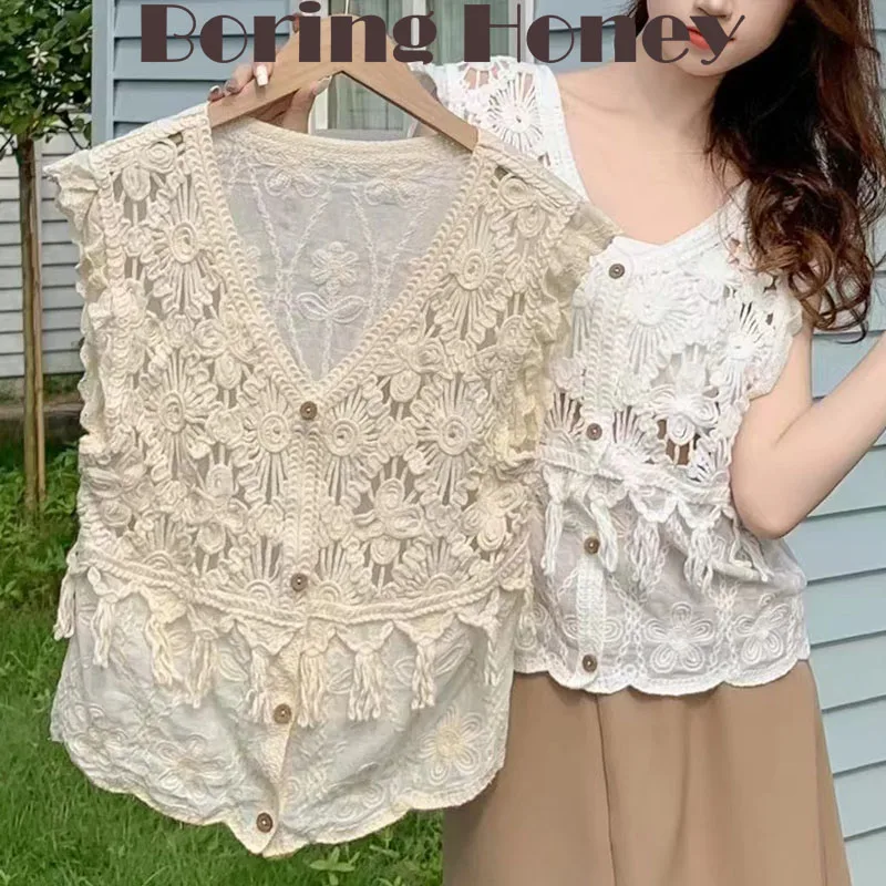 Boring Honey Chic Hollow Flower Sequined Sleeveless Top Women Ruffled Sleeves Seaside Holiday Vest Fashion Tassel Slim V-Neck To