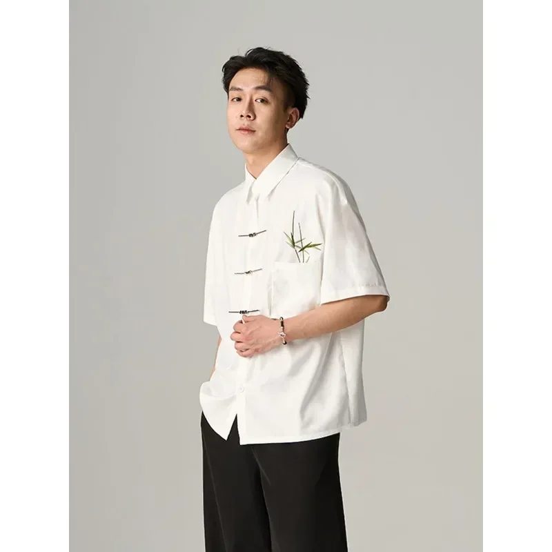 2023 Summer Chinese Style Lapel Bamboo Embroidered Metal Button Short Sleeved Tang Suit Top with Pocket Fashion Loose Men Shirt