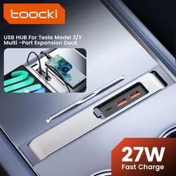 Toocki USB 허브 PD 27W 고속 충전기 C타입 허브 도킹 스테이션, 테슬라 모델 3, Y, 3 포트 전원 분배기 확장용 USB 션트 허브