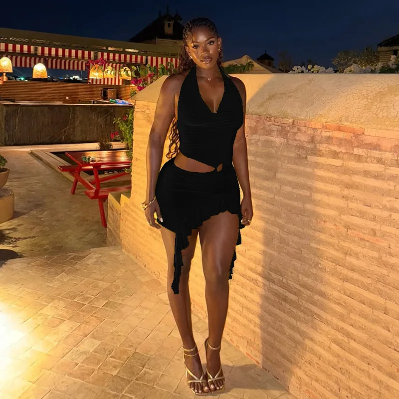 Vestido elegante con volantes recortados para mujer, minivestido asimétrico Hipster con cuello Halter y espalda descubierta para fiesta y discoteca, verano 2025