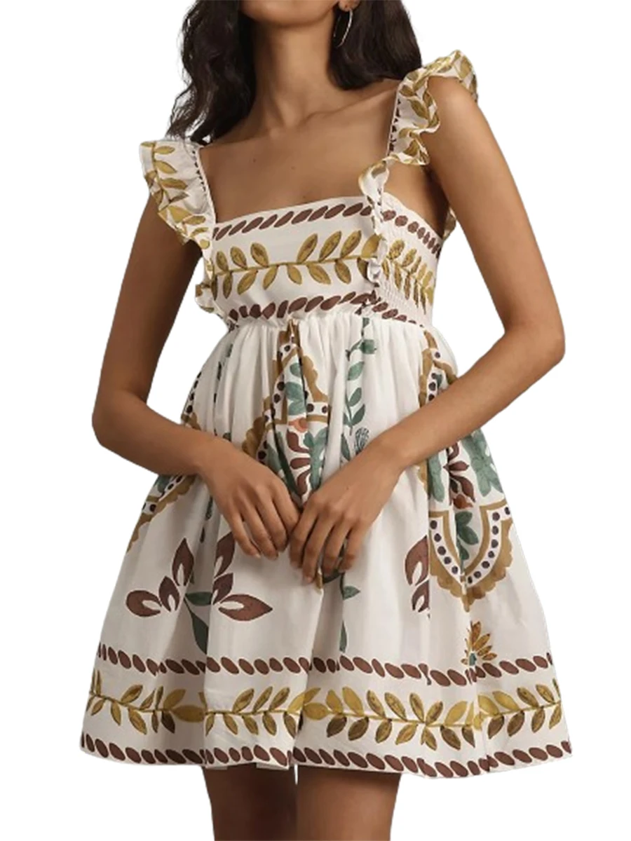 Women s Mini A-Line Dress Ruffle Sleeveless Square Neck Short Flowy Dress Bohemian Dress