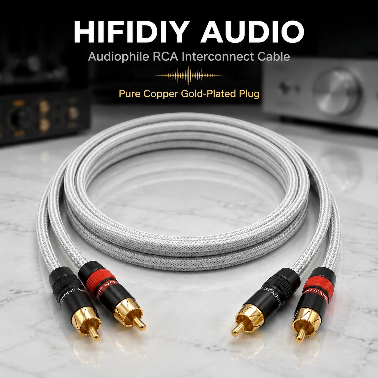 HIFIDIY Audio Pure Copper High-End Signal Cable with Dual RCA Connectors, 2 Pairs of 2, Grey Braided Net Signal Cable