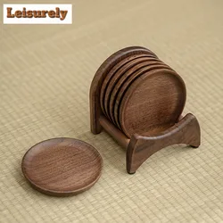 6 Pieces Wooden Coasters Set Black Walnut Wood Placemats Round Table Mat Heat Insulation Pad Box Bottom Holder Placemat Rack