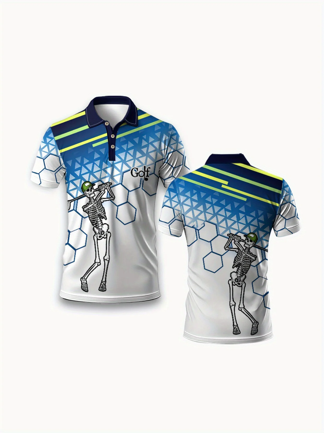 Camisa de Golf para Hombre, Diseño de Calavera con Estampado Geométrico Hexagonal Vibrante, Última Moda Verano 2026