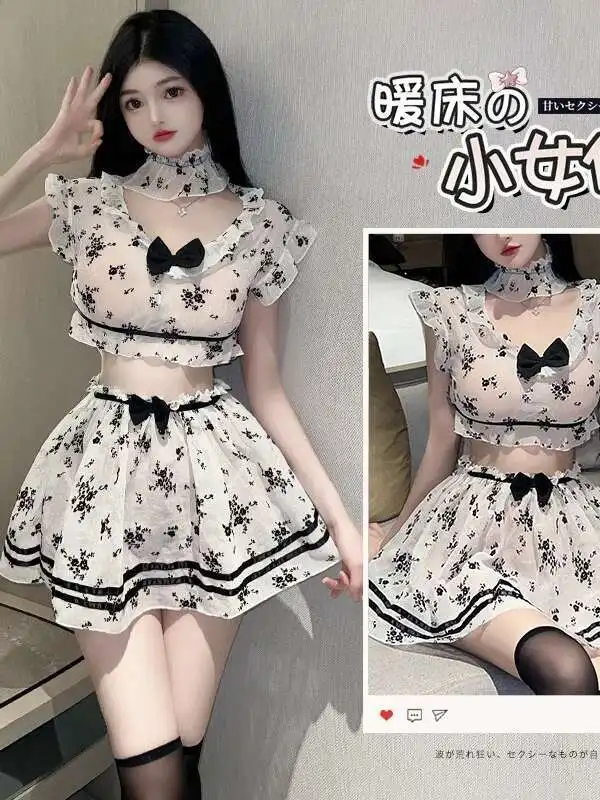 Female Pure Desire Servant Dress Uniform Seduction Sleeping Clothes Hot Dress Elegant Dot Mesh Lace Sheer Transparent Sexy E1CY