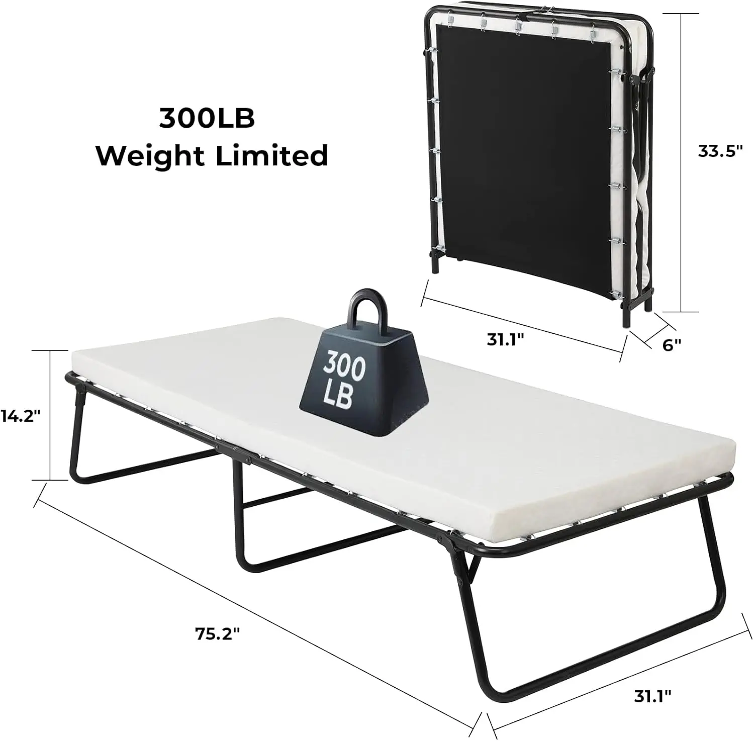 Klappbares Gästebett für Erwachsene, 80 x 190 cm, mit 7 cm dicker Memory-Schaum-Matratze, faltbares