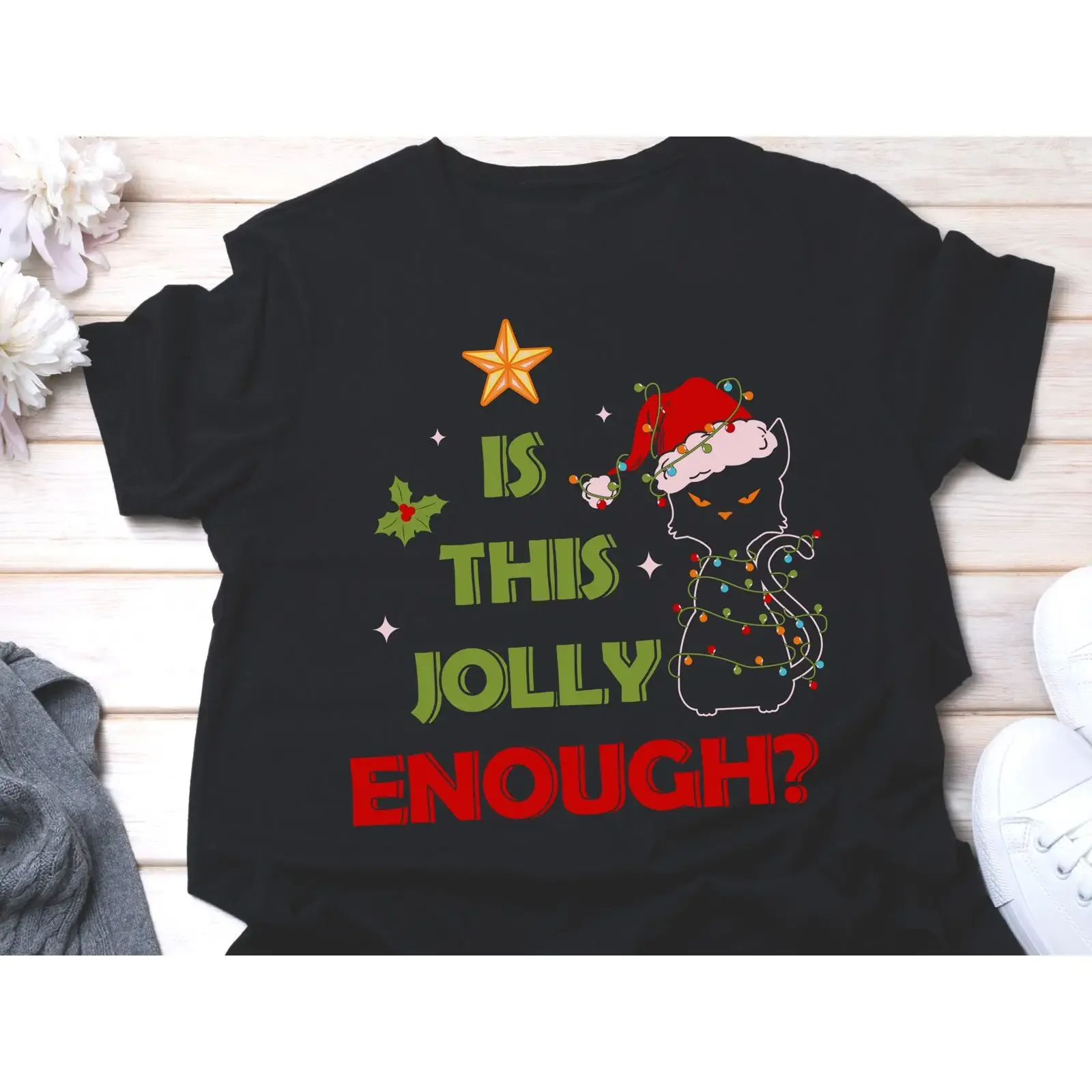 Is This Jolly Enough Funny Christmas Black CaT T Shirt Sarcastic Xmas Lover Crazy Lady Holiday  vintage Washed Breathable