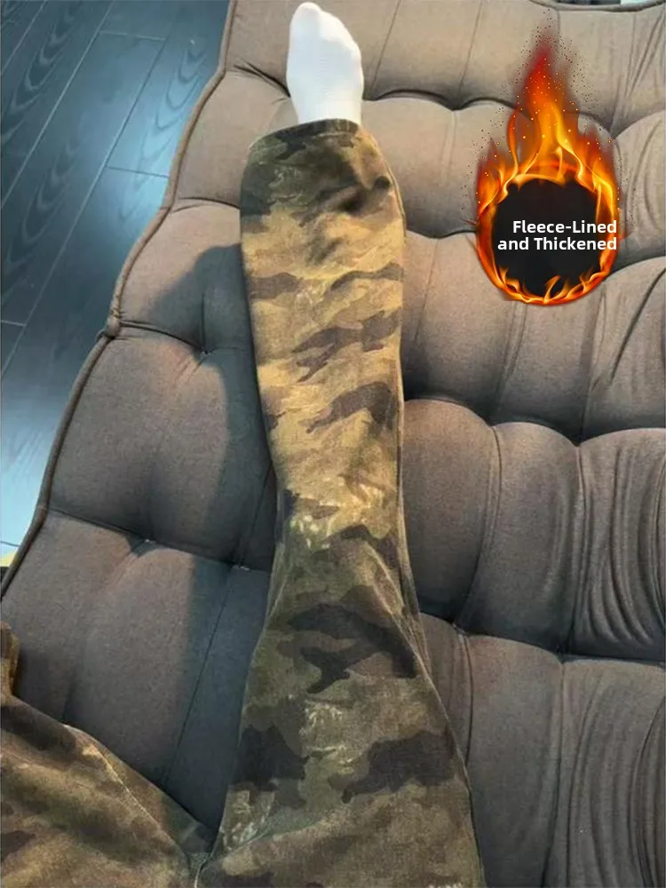

Retro American Camouflage Flared Jeans Men's Winter Thickened Fleece Straight Leg Pants High Street Vibe Wear Resistant