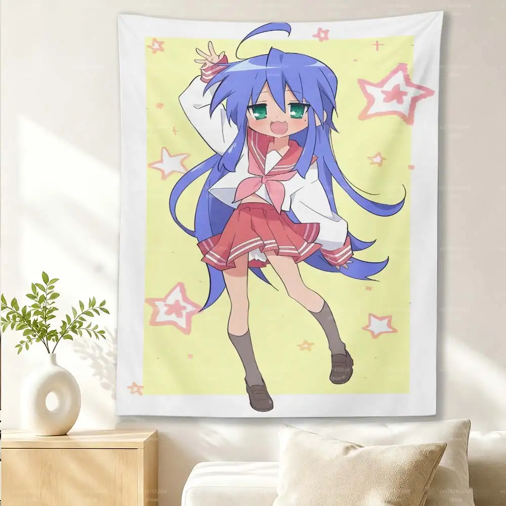 Lucky Star Konata Izumi Anime Tapestry Wall Hanging, Blue Hair Sailor Girl Print Wall Cloth, Star Yellow Background Bedroom Dorm