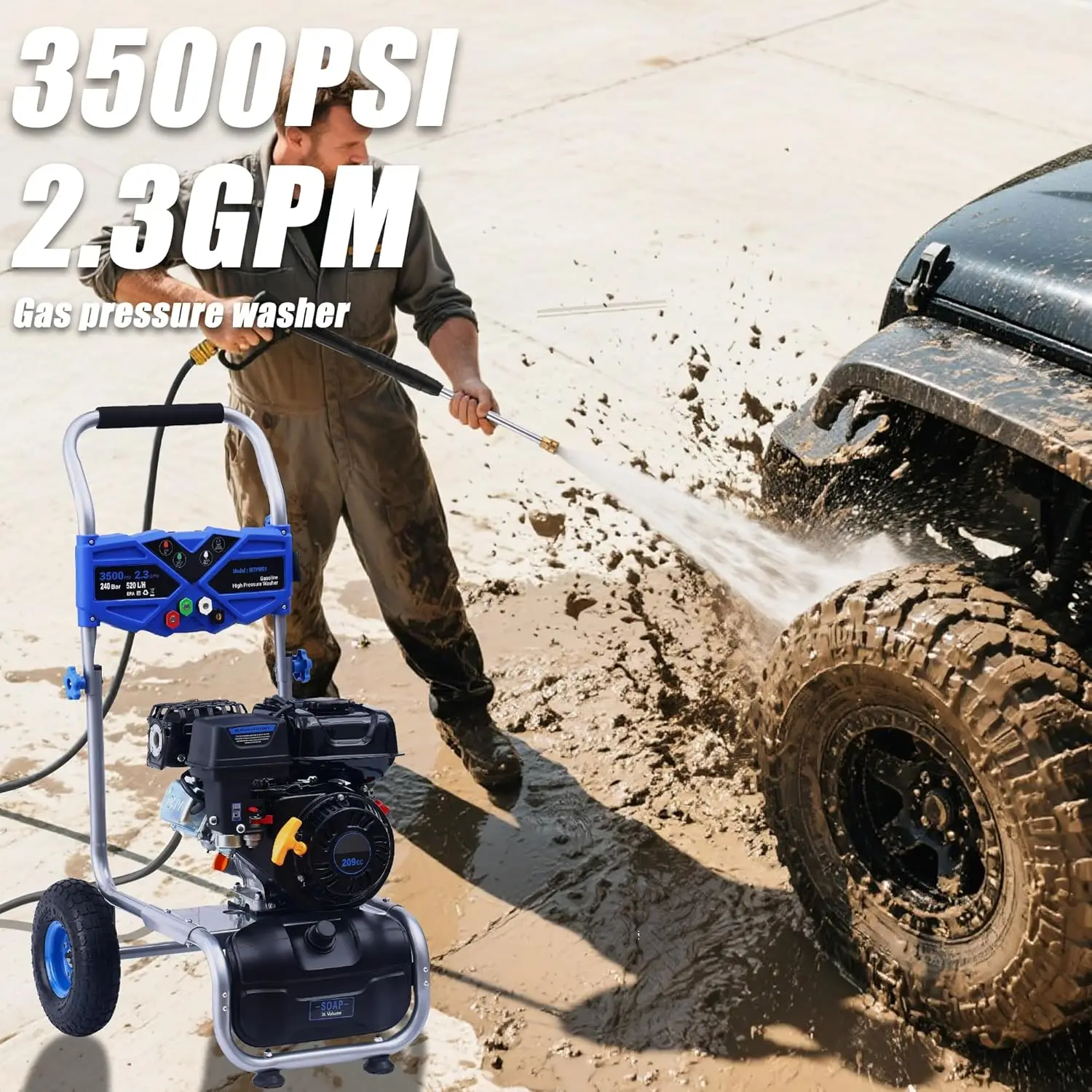 

Бензиновая мойка высокого давления 3500PSI, 2.3GPM, с двигателем 209CC, 4 регулируемыми насадками, шланг высокого давления 25 футов