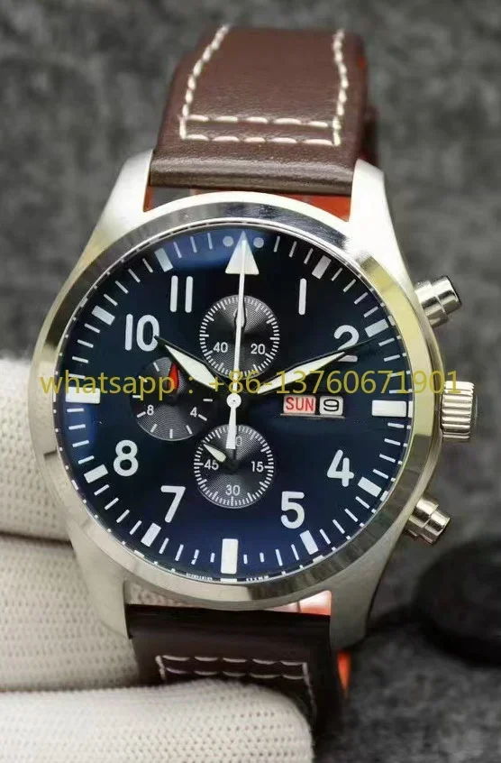 Luxury New Men Quartz Watch Chronograph Watches Stainless Steel Black Blue Leather Sapphire Glass 43mm