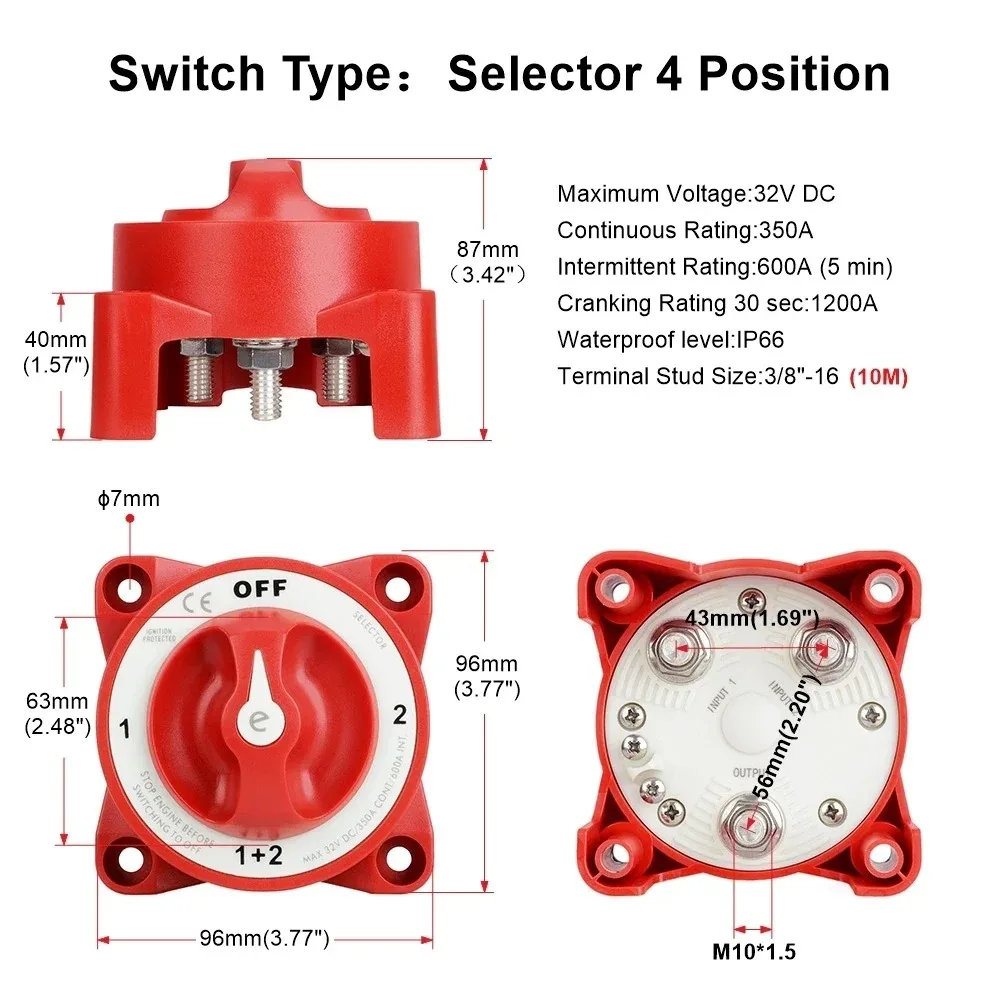4 Position Isolator Disconnect Rotary Switch Luminous 32V 350A 2 Battery Disconnect Switches AFD for Marine Boat Truck RV