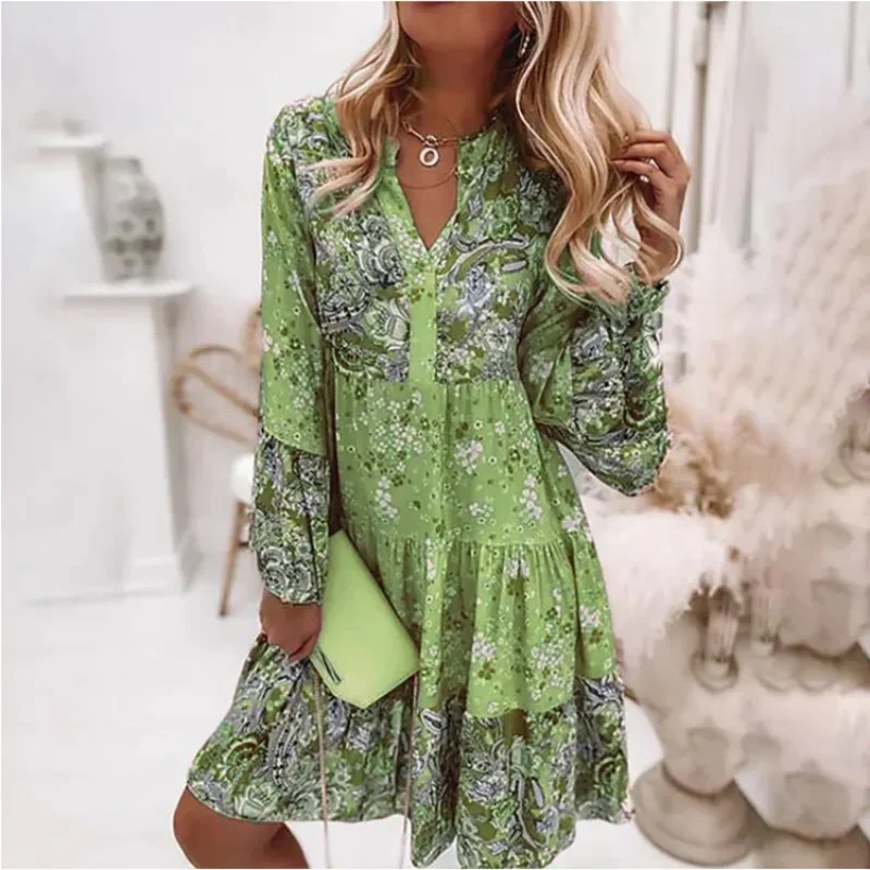 Women's Spring and Autumn New Knee Length Dress Sexy V-neck Style Sweet Printed Temperament Long Sleeve Swing Dress  Boho Dress