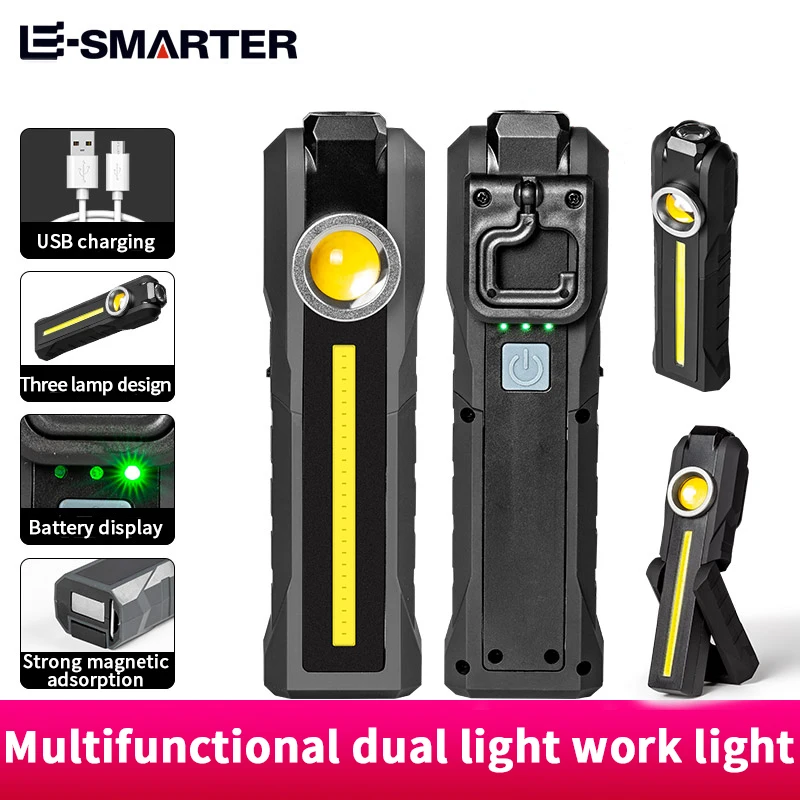 Magnetic COB Flood Working Light Portable LED Flashlight USB Rechargeable 4 Lighting Modes Emergency Torch Repair Lamp With Hook