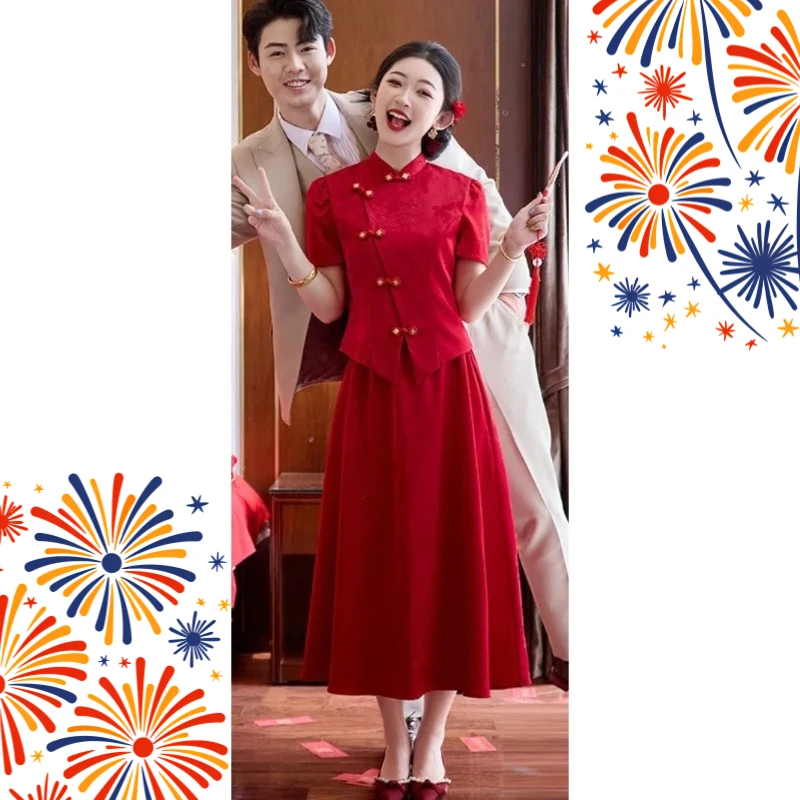 Customized Dignified New Chinese Style Red High Neck Embroidery Wedding Dresses Temperament A Line Ankle Length Bridal Gown