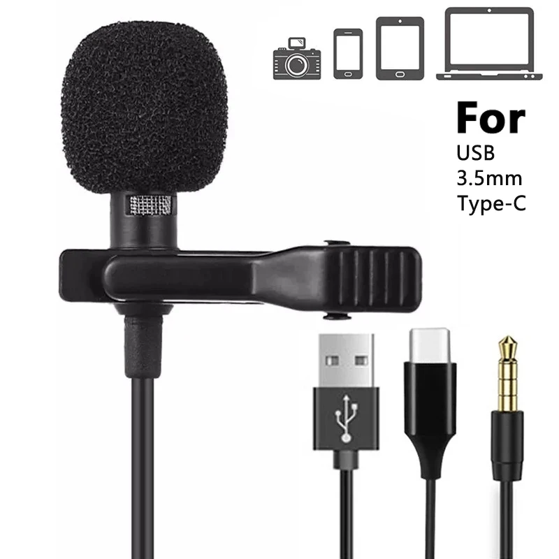 3.5mm Lavalier Mini Microphone USB Type C Clip-on Microfon Condenser Lavalier Tie Clip Mikrof For Cell Smartphone PC Laptops Mic