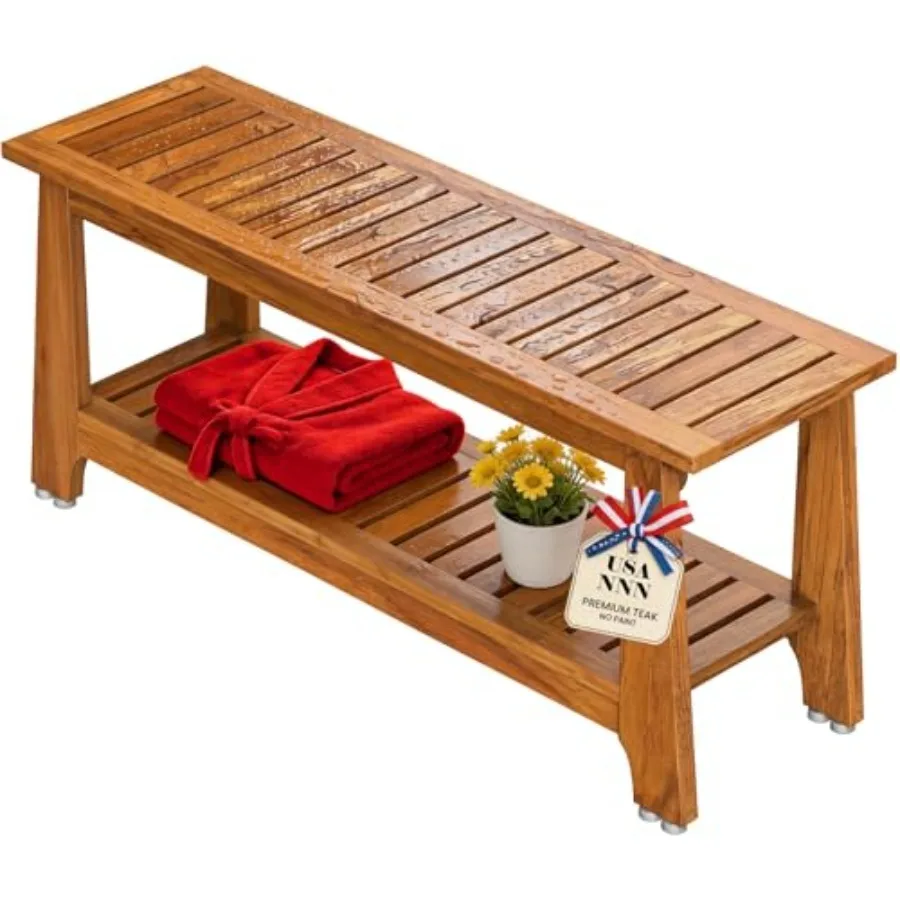 

42" Commercial Teak Shower Bench - 8 Non-Slip Leveling Feet and 350 lbs Capacity Rock-Solid Stability for Seniors and Spa Safet