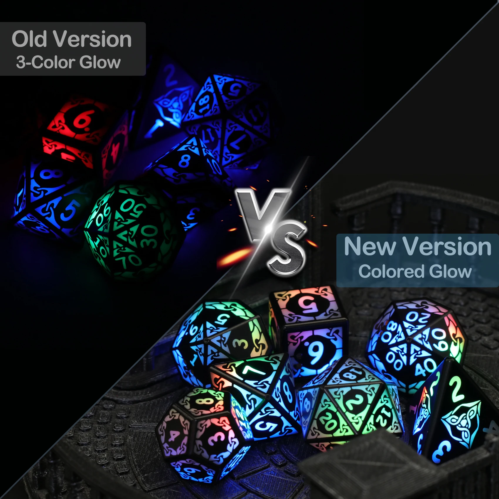 Light Up Colorful Dice Set Rechargeable LED DND Dice D&D with Charging Box（Coloured Light）