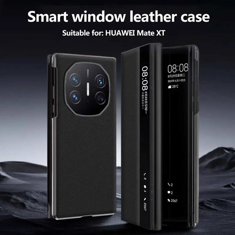 เคสหนังป้องกันแบบฝาพับมีหน้าต่างมุมมองแบบอัจฉริยะสำหรับ Huawei Mate XT Ultimate