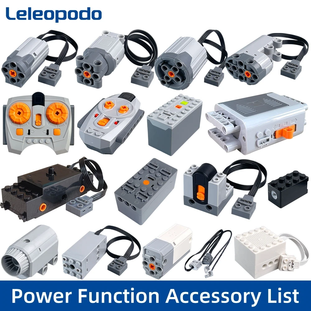 Building Technic Series Power Functions M/L/XL/Servo Motors, 2.4 GHz Remote Control Receiver, and AA Battery Holder