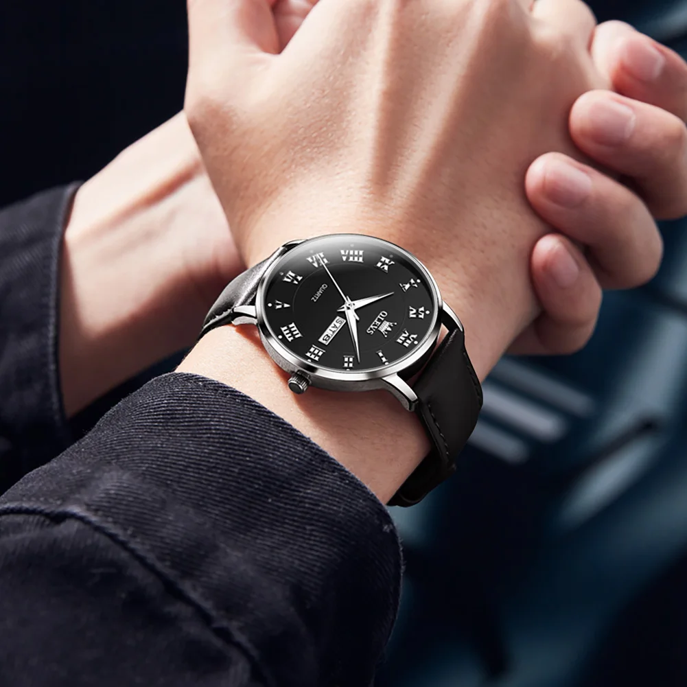 OLEVS Top Brand Men's Watches Simple Fashion Original Wristwatch for Man Waterproof Leather Strap Luminous Date Week Trend
