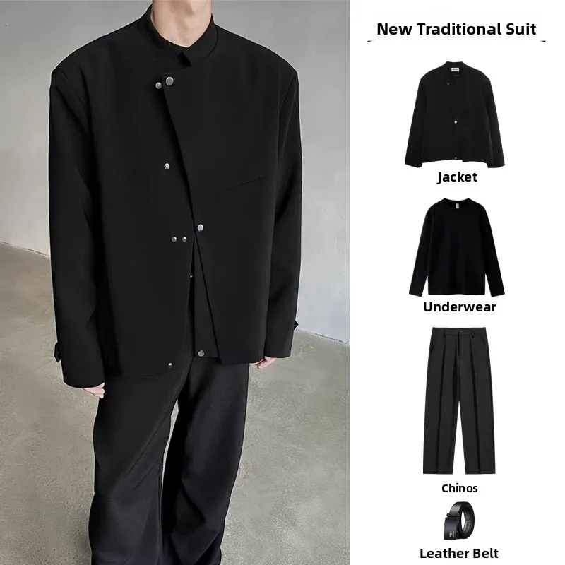 

New Chinese Sle Men's Jaet Set with Slant Button Design And Stand Collar Pad oulder Zhongan Suit Casual Loose Fit Pol...