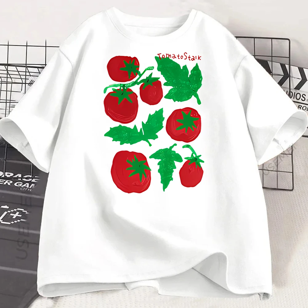 Cute Tomato Print T-Shirt Women Short Sleeve Tee Natural Fruit Graphic Top Kawaii Casual Summer Tshirt Friendly Gift  Y2k Top