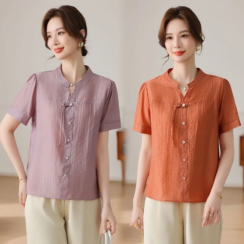 

Summer Thin Casual Pure Color Shirt Overhead Belly Cover Mom Clothes Loose Fit Breathable Ladies' Shirt for Elderly Women