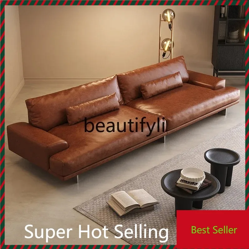 G80 French retro all-leather sofa modern light luxury oil wax leather three-person leather art sofa