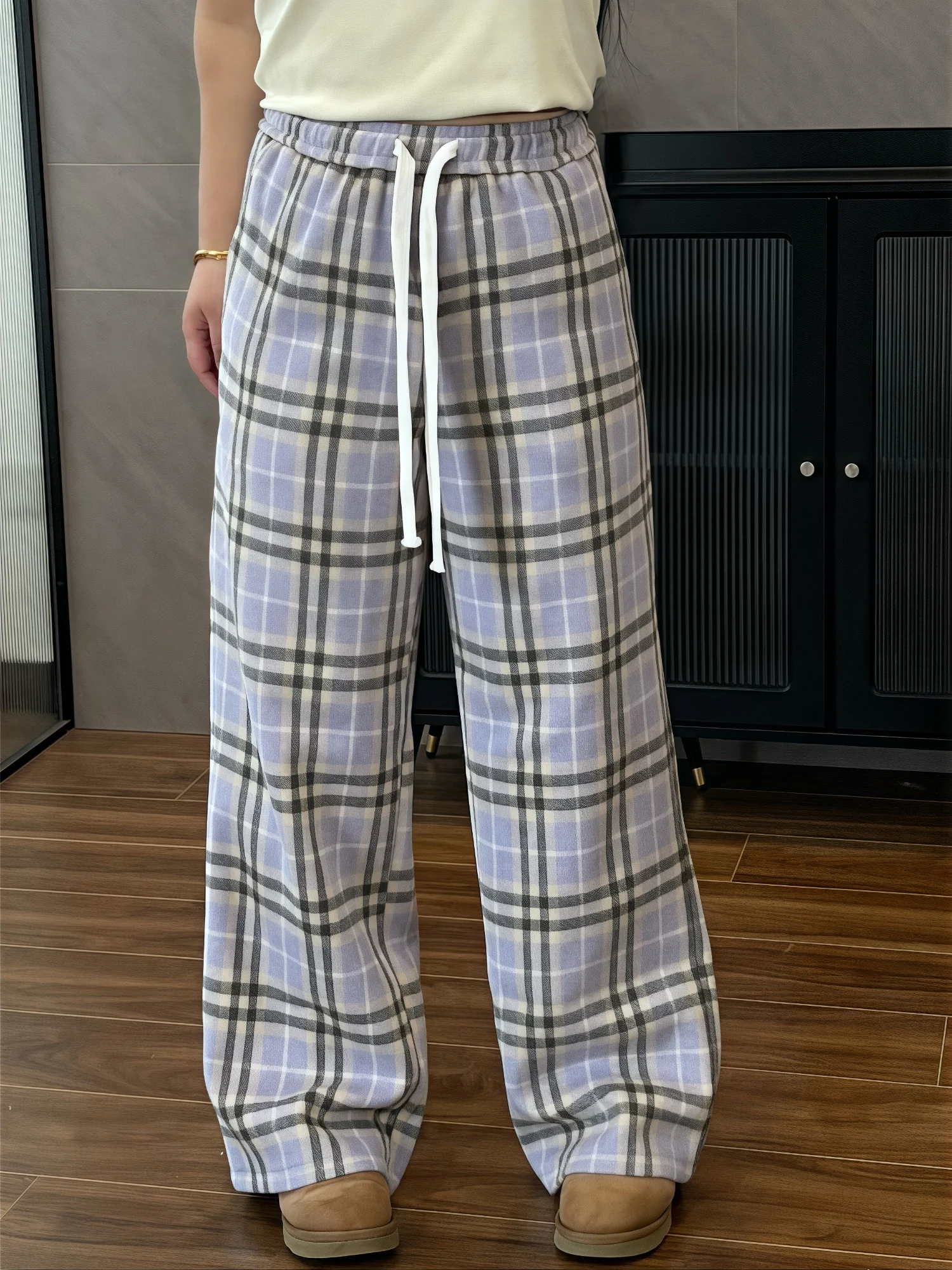 

plus Size Women's High Waist Fleece Lined Thickened Loose Plaid Pants Autumn Winter Casual High Waist Long Pants 8024F