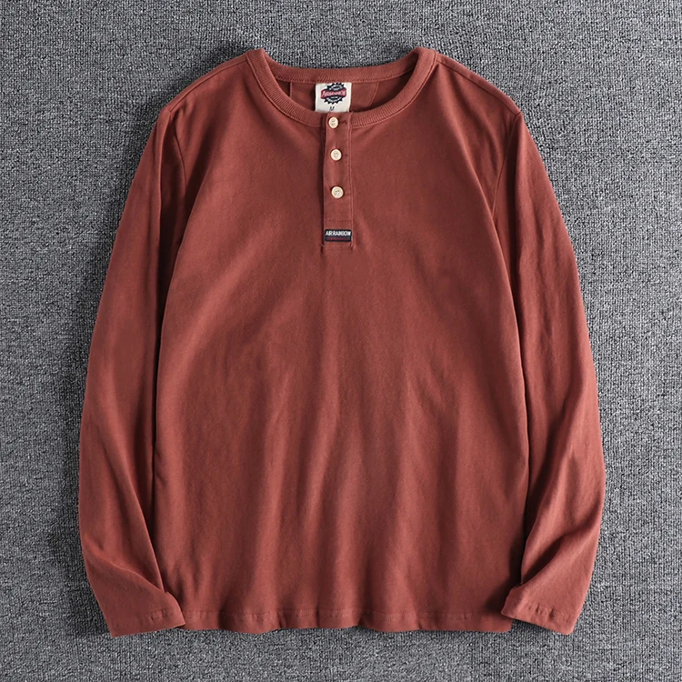 Autumn New Japanese Retro Long Sleeve Henry Collar Solid Color T-shirt Men's Fashion Pure Cotton Washed Casual Tops