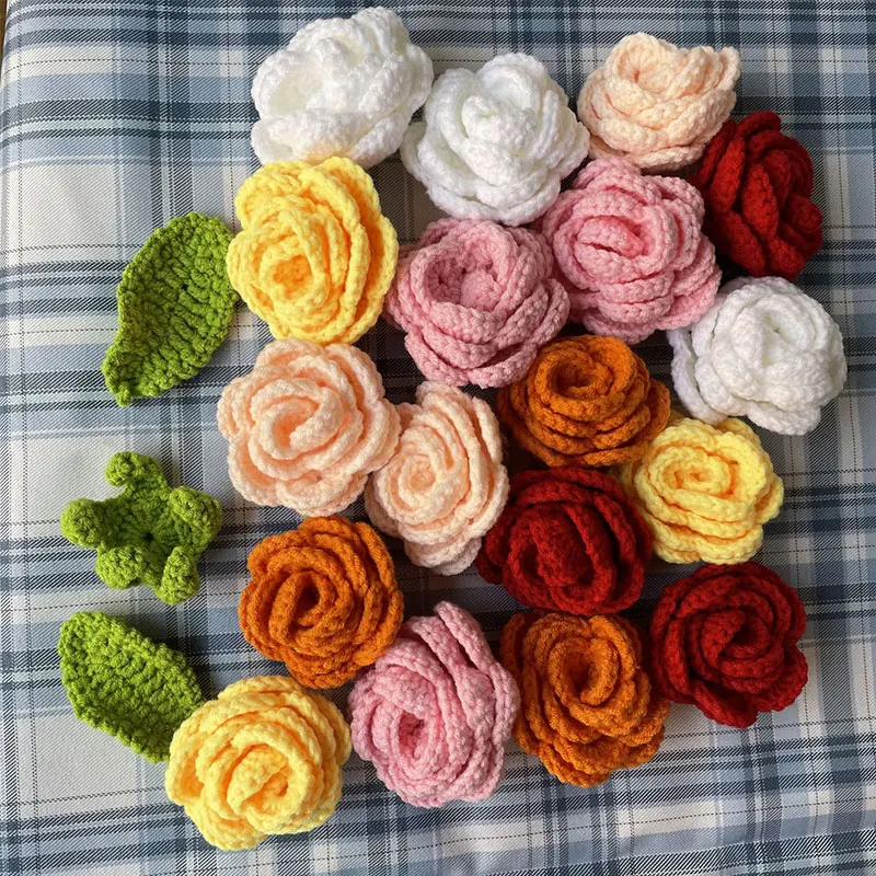 New Hand-woven Simulation Rose Flower Wool Knitted Floral Artificial Flower Wedding Party Dress Clothes Crafts Sewing Accessory