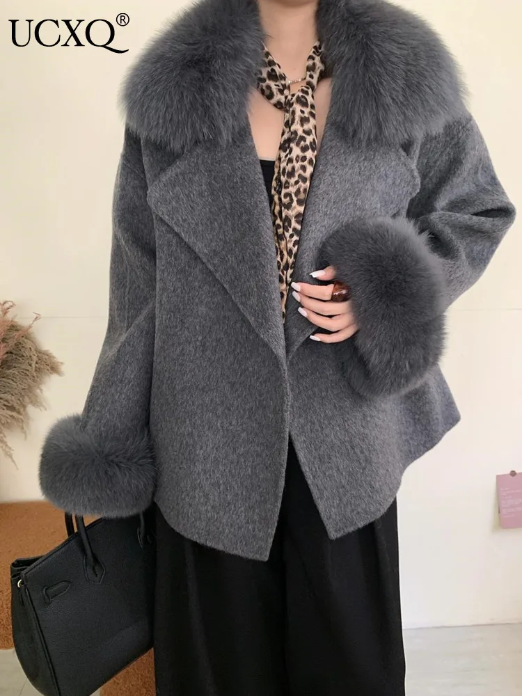 UCXQ Elegant Fashion Jacket Korean Style Fox Fur Collar Button All Match Double-sided Woolen Coat Women 2024 Autumn Winter C1993