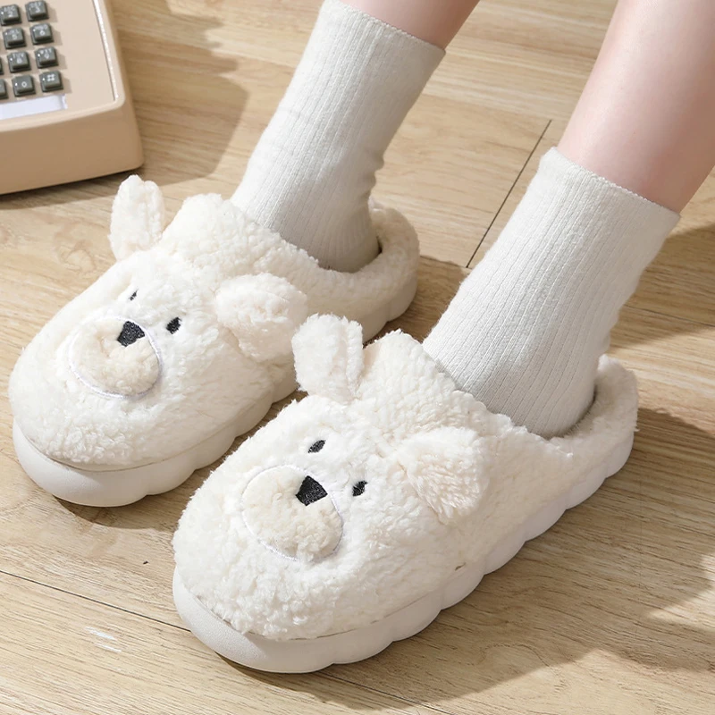 Fuzzy Home Slipper Womens Bear flip flops Winter Warm Cartoon Kawaii Animal Plush Indoor House Shoes Flat Funny Female slides