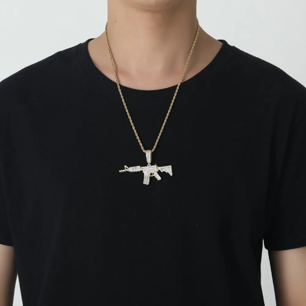 Fashion HipHop Ak47 Submachine Gun Pendant Necklace For Men Crystal Cuban Chain Iced Out Bling Necklace Punk Rock Biker Jewelry view 6
