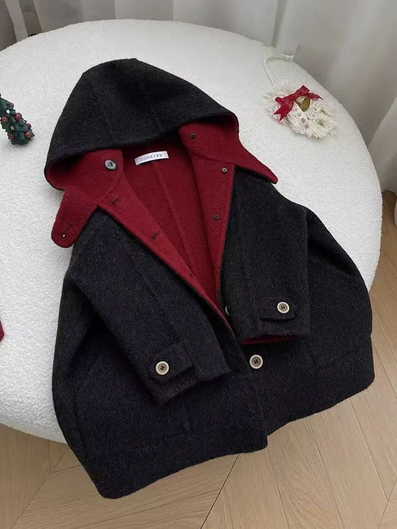 2025 New Autumn And Winter Girls' Woolen Coat New Children's Black Double sided Woolen Coat Children's Hooded Thickened Coat