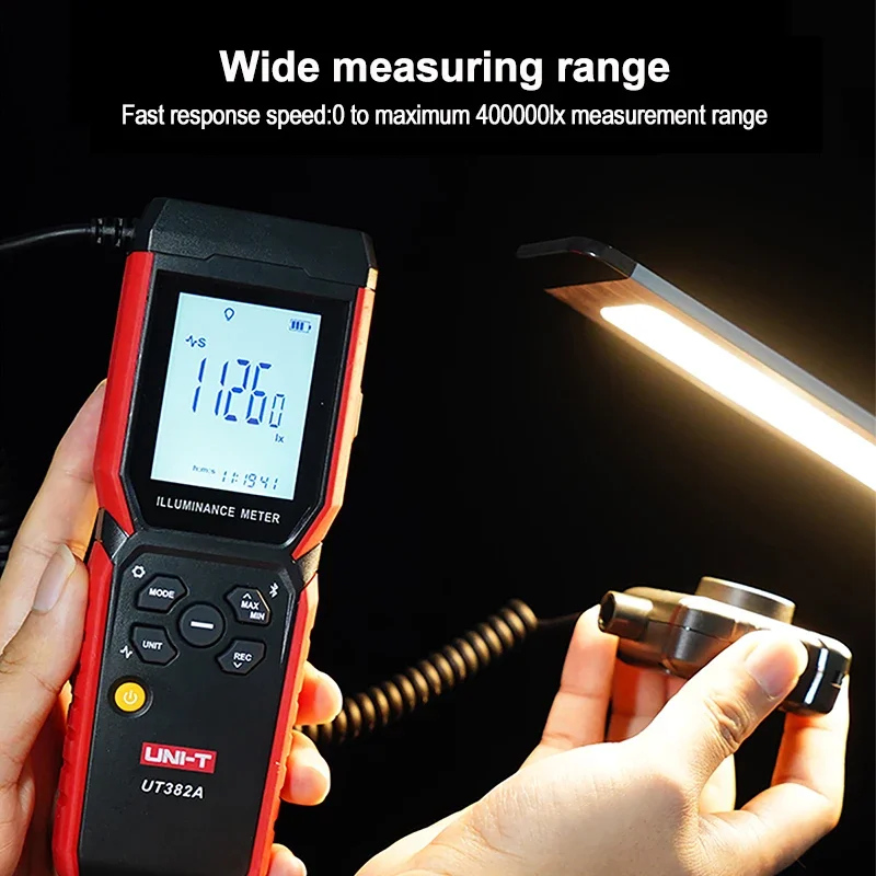 Medidor de luz de dígito UNI-T 400000 Lx Fotômetro 999 Medidor de armazenamento de dados Medidor UT382A Instrumento de medição de iluminância Bluetooth