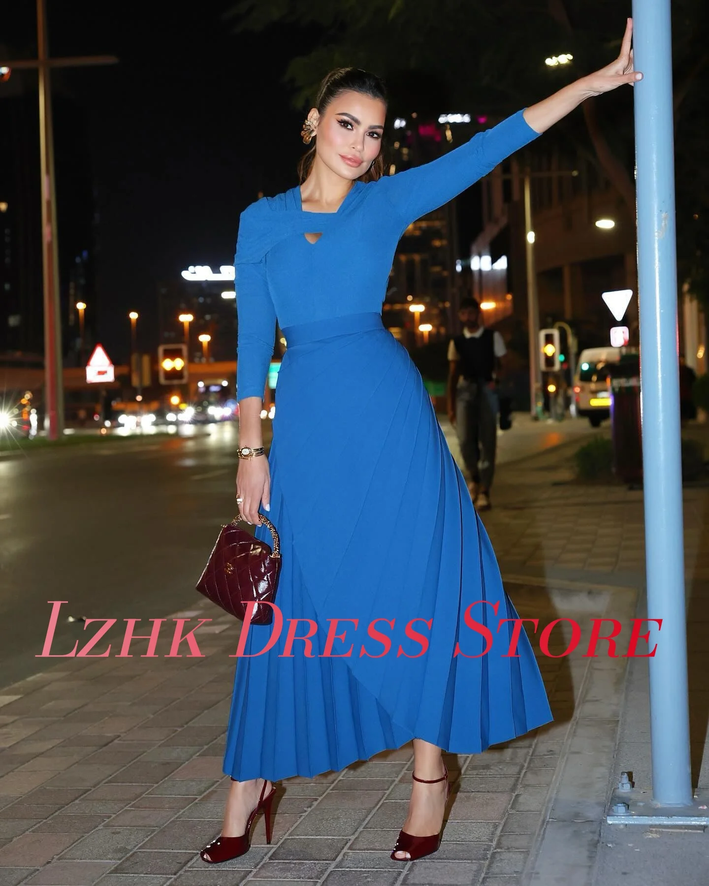 Gaun Malam A-Line Jersey Temperamen Khusus Lengan Panjang Halus Leher V Panjang Mata Kaki فستان سهرة نسائي