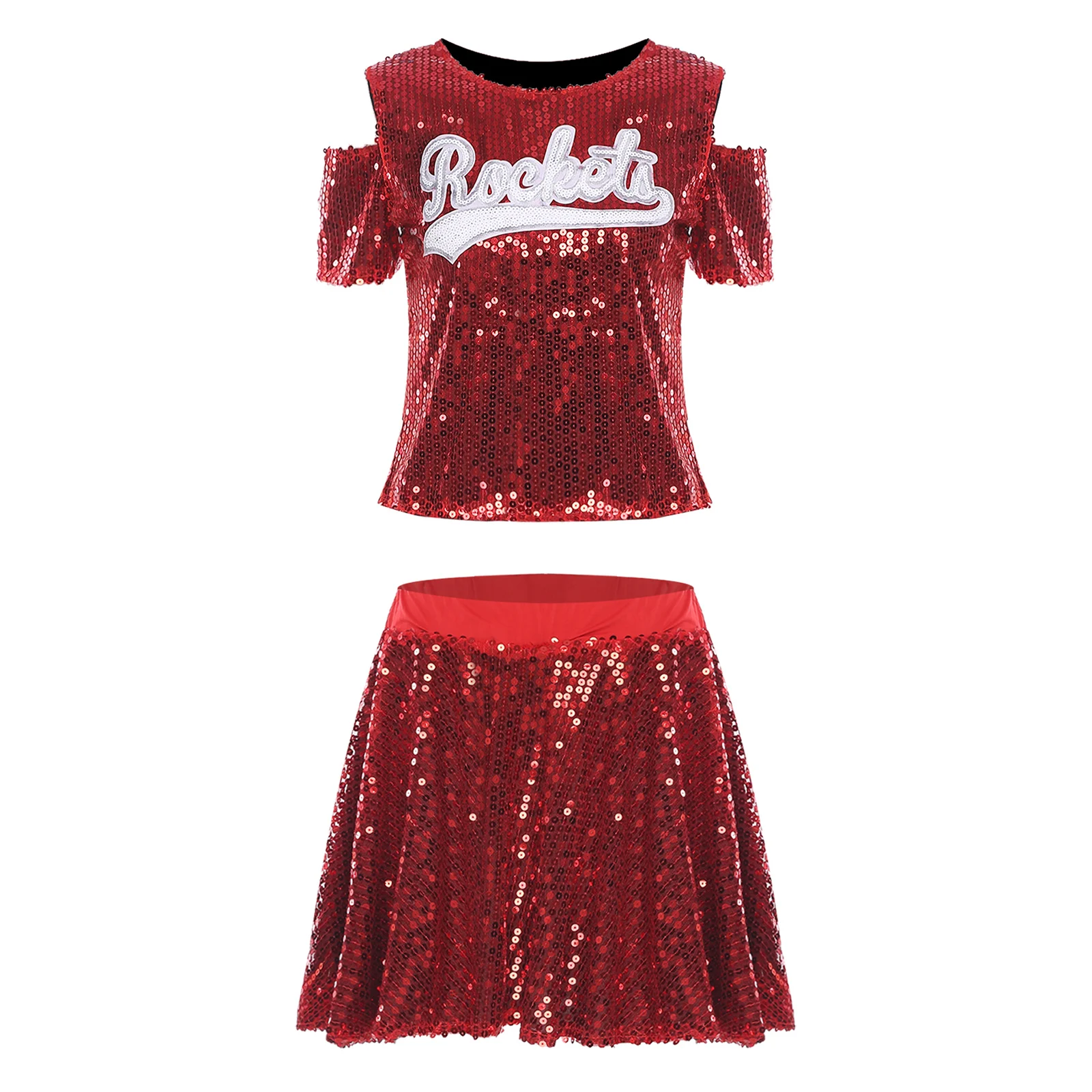 여성용 스팽글 댄스 유니폼 세트 재즈 치어리딩 반팔 콜드 숄더 레터 아플리케 티셔츠와 A라인 스커트 의상
