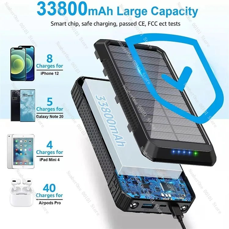 Portable solar power bank with own cable 33800mAh wireless fast charging mobile phone mobile power supply