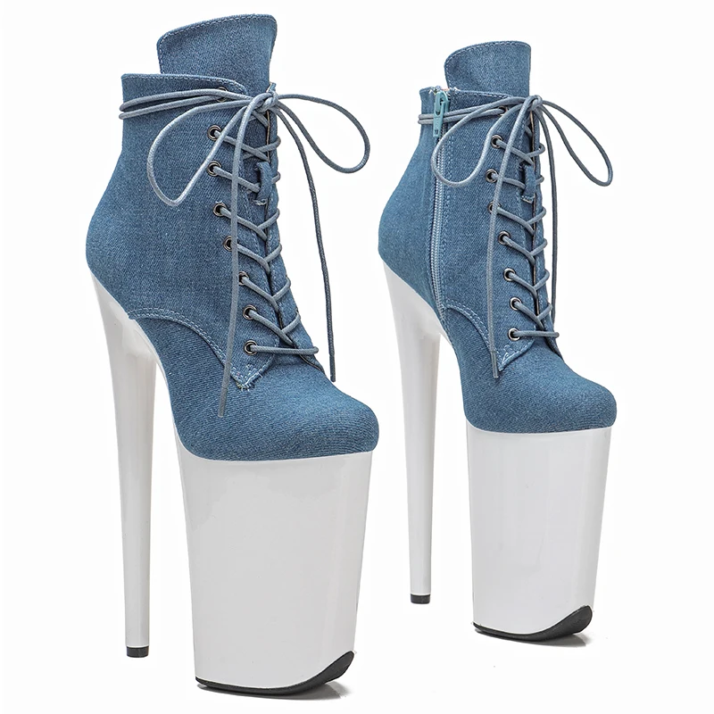 Leecabe  23CM/9inches Denim mix color stripper heel exoticism Trend fashion High Heels ankle Boots Pole Dance boot