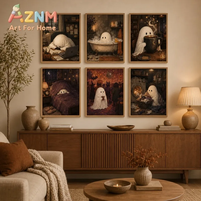 Cute Ghost Wall Art Retro Halloween Canvas Prints Funny Daily Life Spooky Ghost Vintage Home Room Halloween Decor Posters