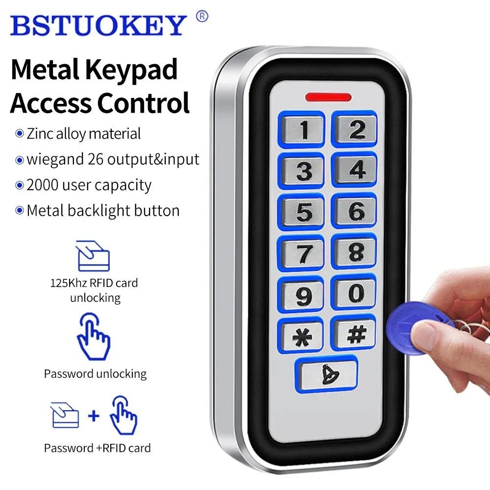 Zinc Metal 2000User Outdoor RFID Access Control Keypad Card Reader Waterproof 125KHz 10PCS Keys for Access Control Lock System