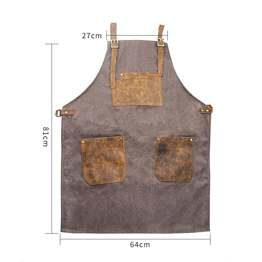 Canvas Apron Work Shop Aprons with Geniune Leather Tool Pockets Straps Working Uniform for Barber Barista Bar Artisan Gardener